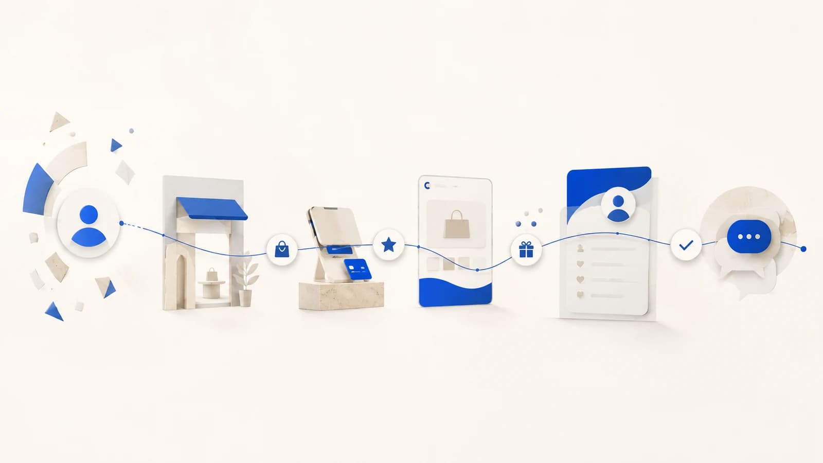 Ilustración conceptual de una misma relación de cliente que mantiene identidad y continuidad al pasar entre tienda, POS, e-commerce, portal y atención digital.